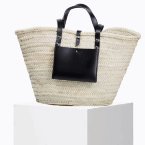 Large Black Basket – XL Handwoven Doum Palm Tote with Black Leather Accents (45×32×20 cm)