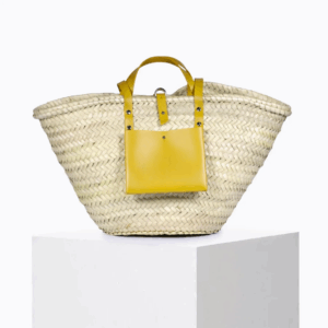 Sunflower Basket – Handwoven Doum Palm Tote with Yellow Leather Accents (38×26×13 cm)