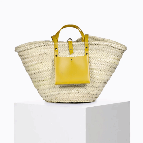 Sunflower Basket – Handwoven Doum Palm Tote with Yellow Leather Accents (38×26×13 cm)