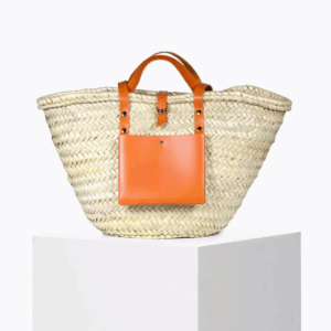 Fanta Basket – Handwoven Doum Palm Tote with Orange Leather Accents (38×26×13 cm)