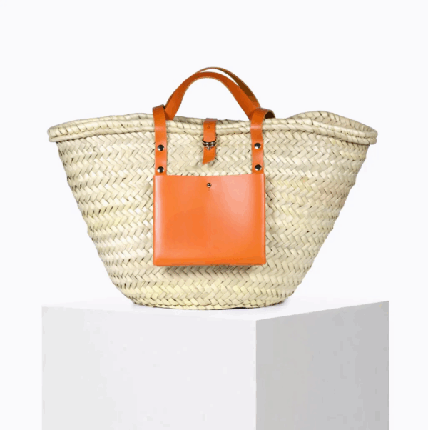 Fanta Basket – Handwoven Doum Palm Tote with Orange Leather Accents (38×26×13 cm)