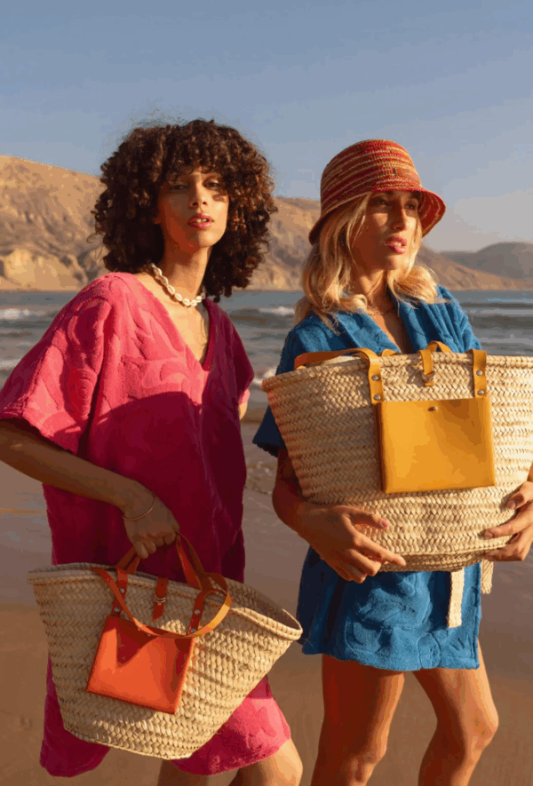 Fanta Basket – Handwoven Doum Palm Tote with Orange Leather Accents (38×26×13 cm)