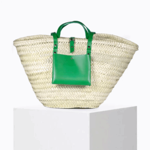 Primavera Basket – Handwoven Doum Palm Tote with Green Leather Accents (38×26×13 cm)