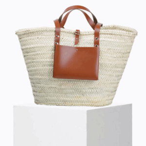 Large Tan Basket – XL Handwoven Doum Palm Tote with Camel Leather Accents (45×32×20 cm)