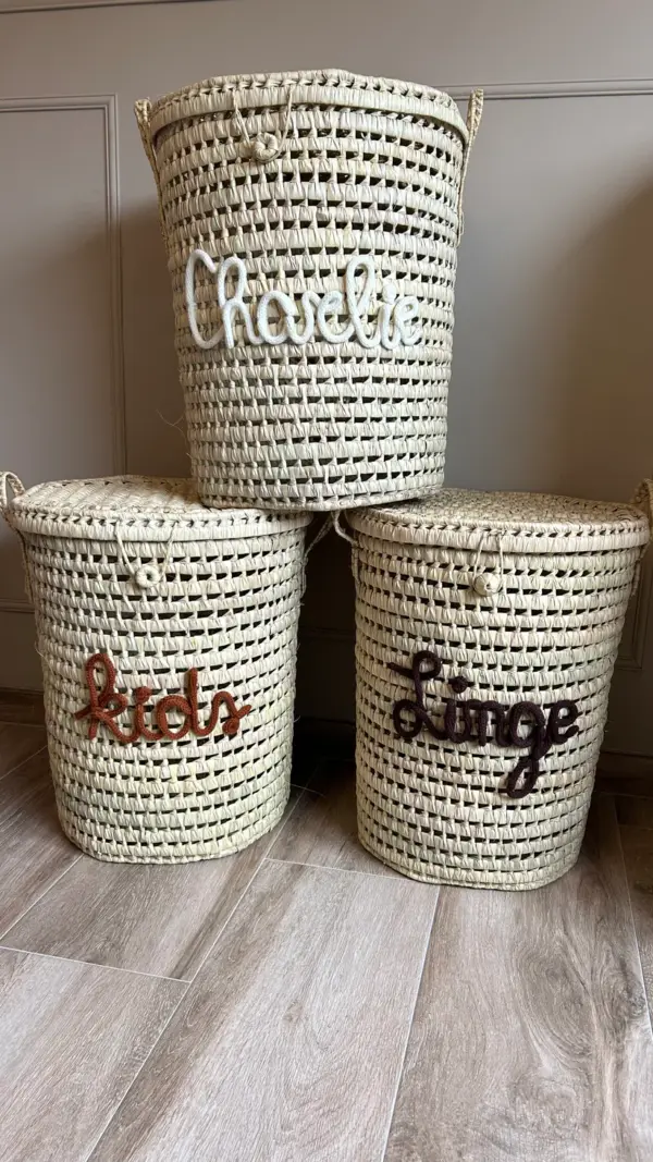 Personalized Handwoven Laundry Basket with Lid – 65L Natural