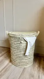 Personalized Handwoven Laundry Basket with Lid – 65L Natural