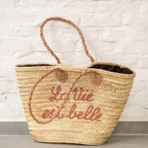 La Vie Est Belle Bag – Handwoven Palm Leaf Basket with Embro