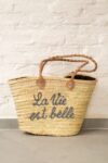 La Vie Est Belle Bag – Handwoven Palm Leaf Basket with Embro