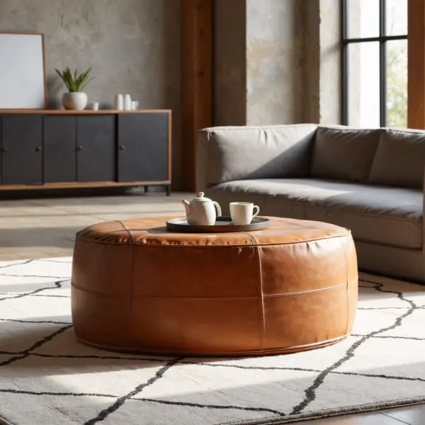 Large Moroccan Leather Pouf – Handmade Ottoman & Coffee Table (Custom Sizes 14″–60″)