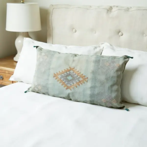 Light Green – Large Handwoven Moroccan Cactus Silk Pillow Cover with Diamond Motif (36″ × 16″)