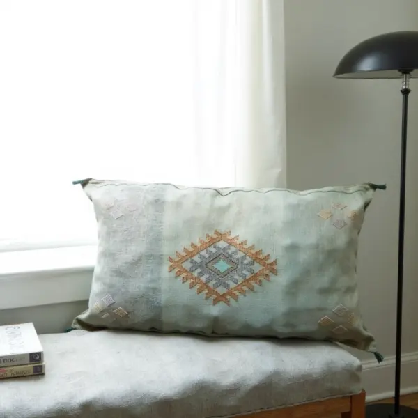 Light Green – Large Handwoven Moroccan Cactus Silk Pillow Cover with Diamond Motif (36″ × 16″)