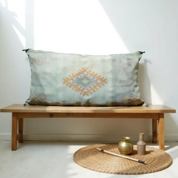 Light Green – Large Handwoven Moroccan Cactus Silk Pillow Cover with Diamond Motif (36″ × 16″)