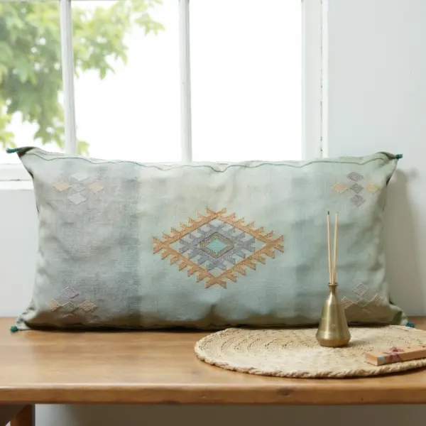 Light Green – Large Handwoven Moroccan Cactus Silk Pillow Cover with Diamond Motif (36″ × 16″)