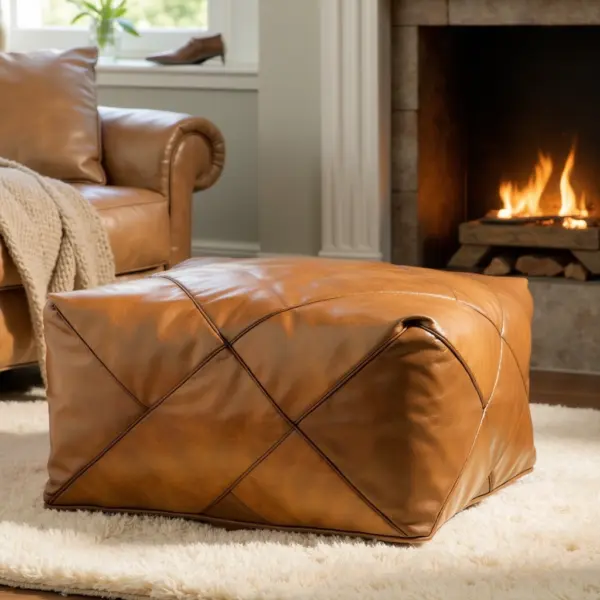 Modern Square Leather Pouf – Handcrafted Moroccan Ottoman with Diamond Stitching (Custom Sizes)
