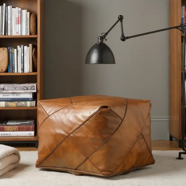 Modern Square Leather Pouf – Handcrafted Moroccan Ottoman with Diamond Stitching (Custom Sizes)