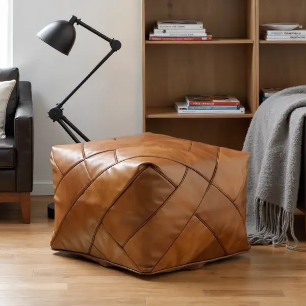 Modern Square Leather Pouf – Handcrafted Moroccan Ottoman with Diamond Stitching (Custom Sizes)
