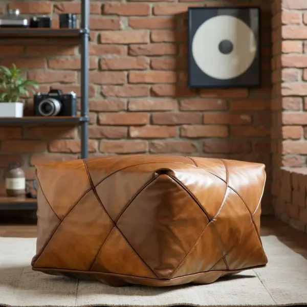 Modern Square Leather Pouf – Handcrafted Moroccan Ottoman with Diamond Stitching (Custom Sizes)