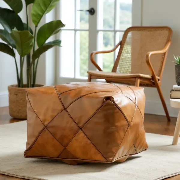 Modern Square Leather Pouf – Handcrafted Moroccan Ottoman with Diamond Stitching (Custom Sizes)