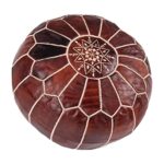 Brown Round Leather Pouf – Handstitched Moroccan Ottoman (21″ × 12″)