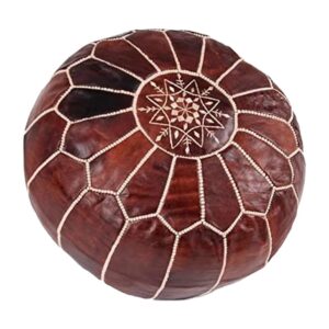Brown Round Leather Pouf – Handstitched Moroccan Ottoman (21″ × 12″)