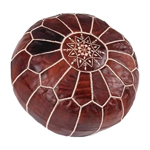 Brown Round Leather Pouf – Handstitched Moroccan Ottoman (21″ × 12″)