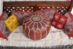 Brown Round Leather Pouf – Handstitched Moroccan Ottoman (21″ × 12″)