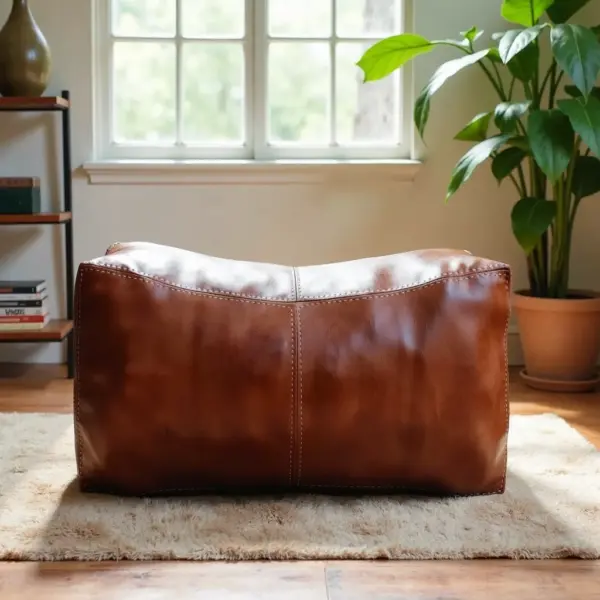 Handcrafted Moroccan Square Leather Pouf – Natural Brown or Tan Ottoman (Custom Sizes)