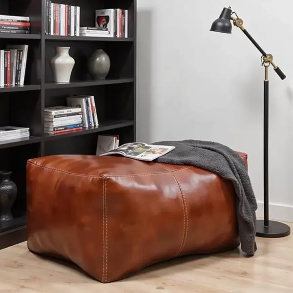 Handcrafted Moroccan Square Leather Pouf – Natural Brown or Tan Ottoman (Custom Sizes)