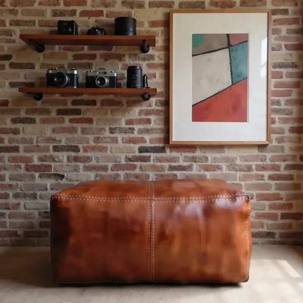 Handcrafted Moroccan Square Leather Pouf – Natural Brown or Tan Ottoman (Custom Sizes)