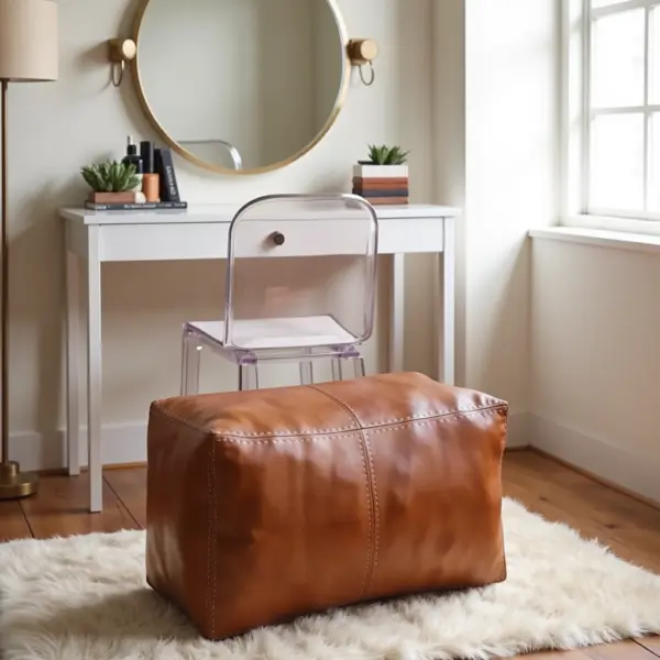 Handcrafted Moroccan Square Leather Pouf – Natural Brown or Tan Ottoman (Custom Sizes)