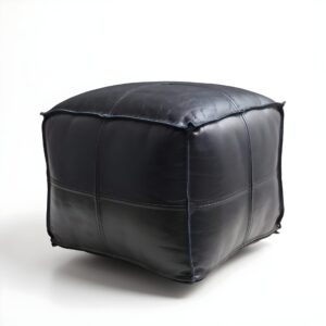 Black Moroccan Leather Pouf – Handcrafted Square Ottoman (Custom Sizes 10″–24″)