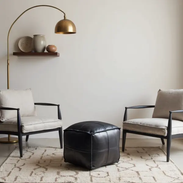 Black Moroccan Leather Pouf – Handcrafted Square Ottoman (Custom Sizes 10″–24″)