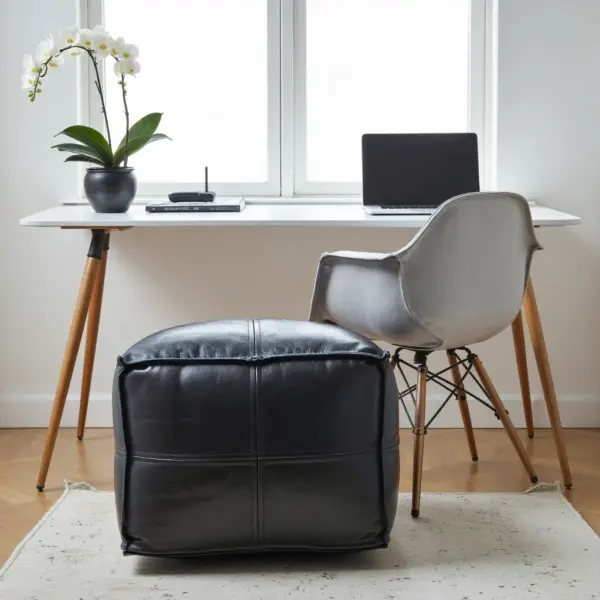 Black Moroccan Leather Pouf – Handcrafted Square Ottoman (Custom Sizes 10″–24″)