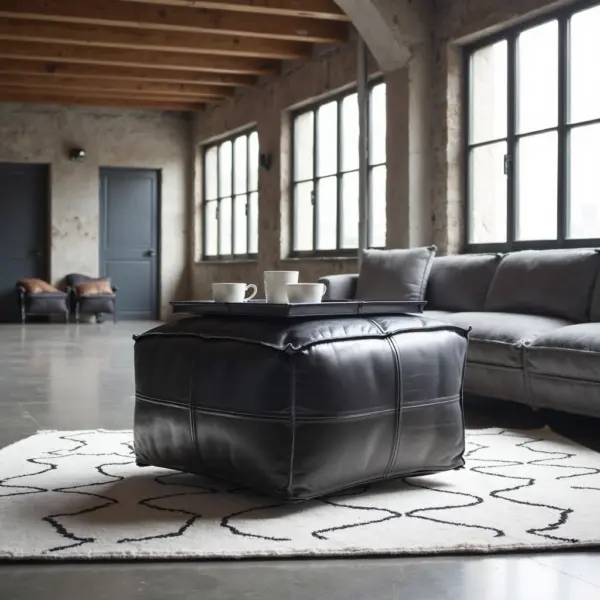 Black Moroccan Leather Pouf – Handcrafted Square Ottoman (Custom Sizes 10″–24″)