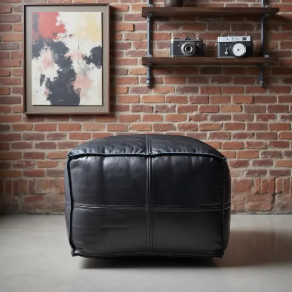 Black Moroccan Leather Pouf – Handcrafted Square Ottoman (Custom Sizes 10″–24″)