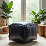Black Moroccan Leather Pouf – Handcrafted Square Ottoman (Custom Sizes 10″–24″)