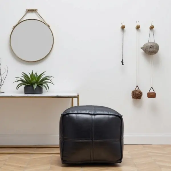 Black Moroccan Leather Pouf – Handcrafted Square Ottoman (Custom Sizes 10″–24″)