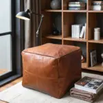Moroccan Square Leather Pouf – Handcrafted Light Brown Ottoman (16″ × 16″ × 16″)