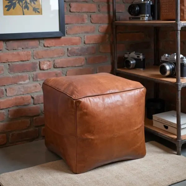 Moroccan Square Leather Pouf – Handcrafted Light Brown Ottoman (16″ × 16″ × 16″)
