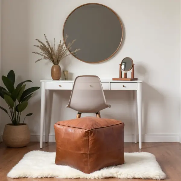Moroccan Square Leather Pouf – Handcrafted Light Brown Ottoman (16″ × 16″ × 16″)