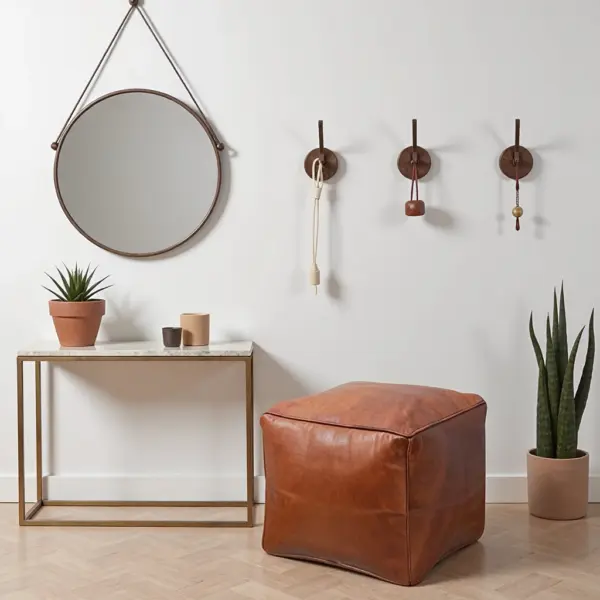 Moroccan Square Leather Pouf – Handcrafted Light Brown Ottoman (16″ × 16″ × 16″)