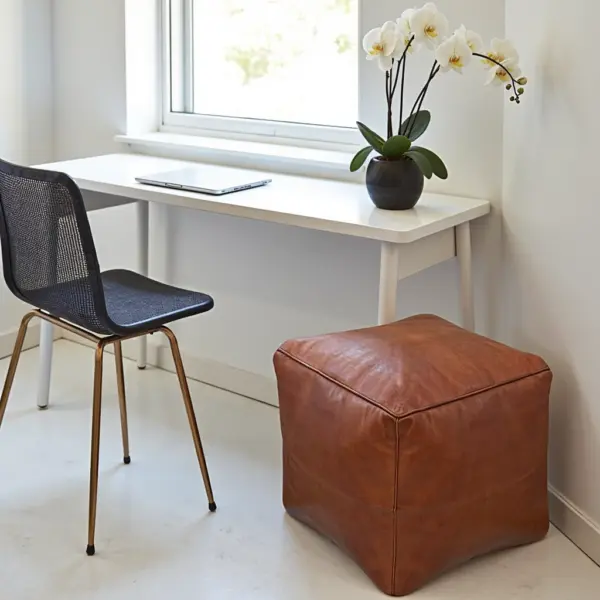 Moroccan Square Leather Pouf – Handcrafted Light Brown Ottoman (16″ × 16″ × 16″)