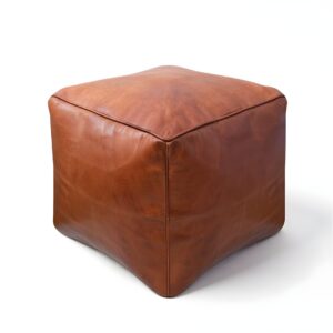 Moroccan Square Leather Pouf – Handcrafted Light Brown Ottoman (16″ × 16″ × 16″)