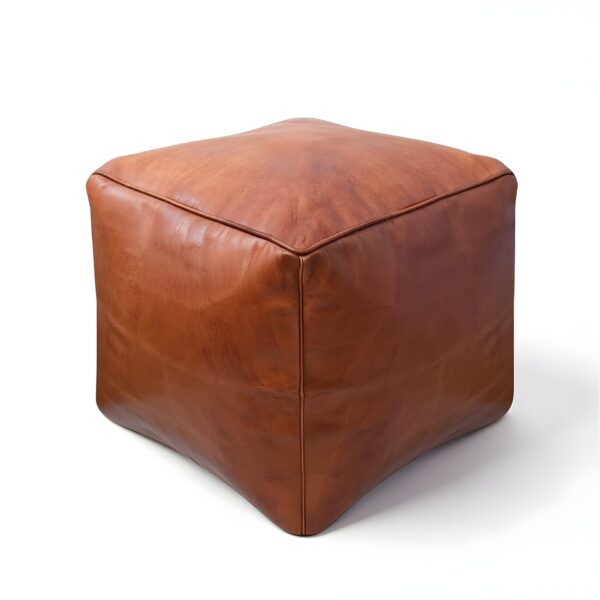 Moroccan Square Leather Pouf – Handcrafted Light Brown Ottoman (16″ × 16″ × 16″)