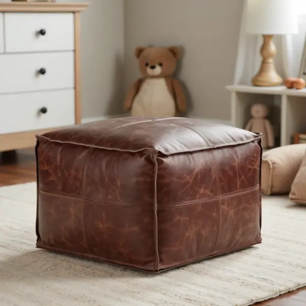 Handcrafted Moroccan Square Leather Pouf – Natural Brown or Tan Ottoman (Custom Sizes)