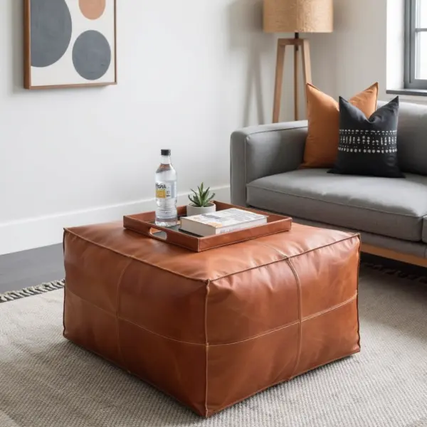 Handcrafted Moroccan Square Leather Pouf – Natural Brown or Tan Ottoman (Custom Sizes)