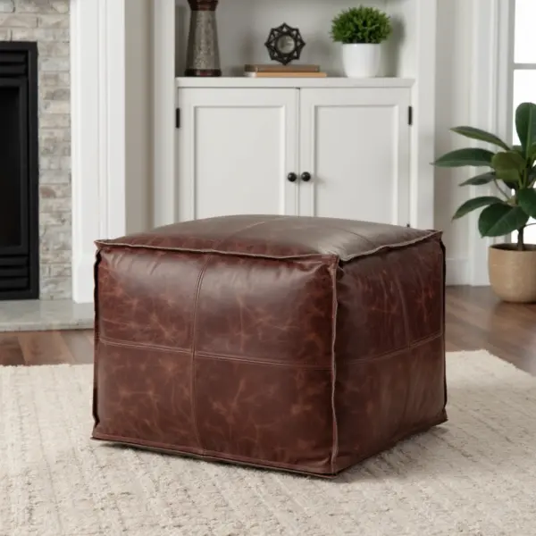 Handcrafted Moroccan Square Leather Pouf – Natural Brown or Tan Ottoman (Custom Sizes)