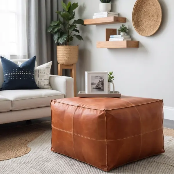 Handcrafted Moroccan Square Leather Pouf – Natural Brown or Tan Ottoman (Custom Sizes)
