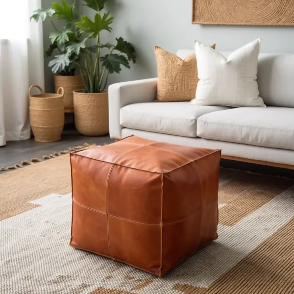 Handcrafted Moroccan Square Leather Pouf – Natural Brown or Tan Ottoman (Custom Sizes)