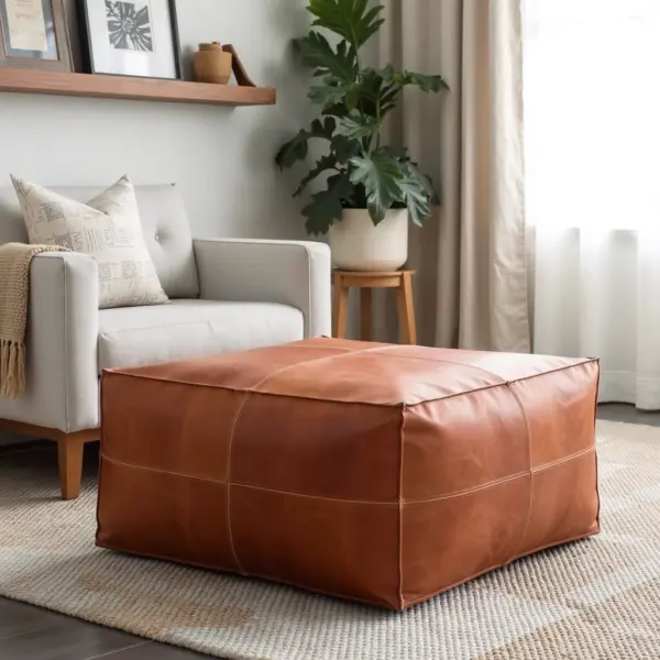 Handcrafted Moroccan Square Leather Pouf – Natural Brown or Tan Ottoman (Custom Sizes)